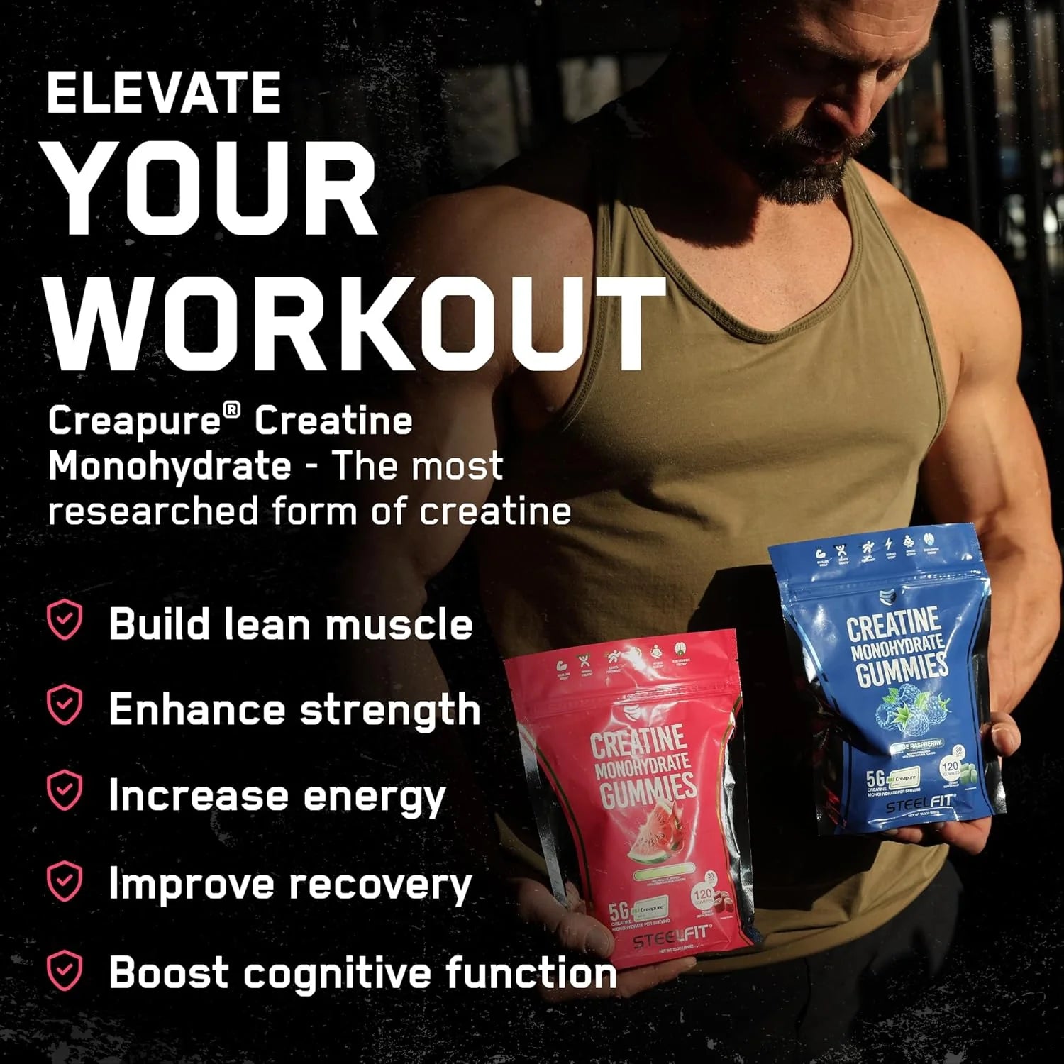 Steelfit Creapure Creatine Monohydrate Gummies for Men & Women, Juicy Watermelon - Gym Workout Nutritional Supplements for Muscle Gain, Brain Health & Strength Building Dietary Supplement, 120 Gummies