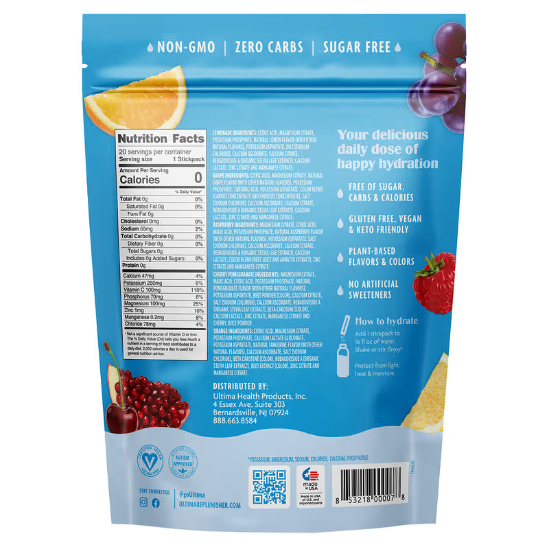Ultima Replenisher, 6 Essential Electrolytes, Daily Electrolyte Drink Mix, Original Variety Pack, 20 Stickpacks, 2.5 Oz (70 G)