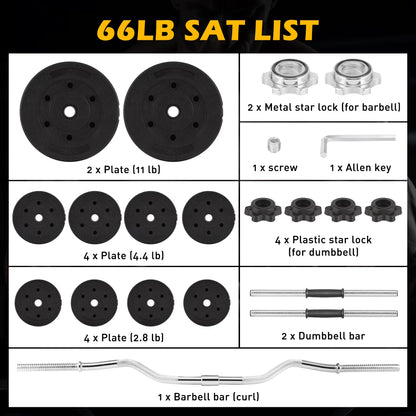 66LB 2 in 1 Adjustable Dumbbell Set with Connecting Rod, Lifting Dumbbells Plate Used as Barbell for Whole Body Workouts, Black