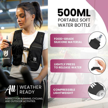 Running Vest Phone Holder with 500Ml Water Bottle, Waterproof Phone Pocket Reflective Vest, Breathable Hydration Running Vest for Unisex