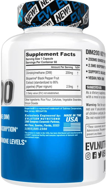 EVL Diindolylmethane Supplement for Men - Advanced DIM 200Mg with Dim plus Bioperine for Enhanced Absorption - Vegan Non-Gmo Hormone Balance Supplement for Enhanced Energy Mood and Performance