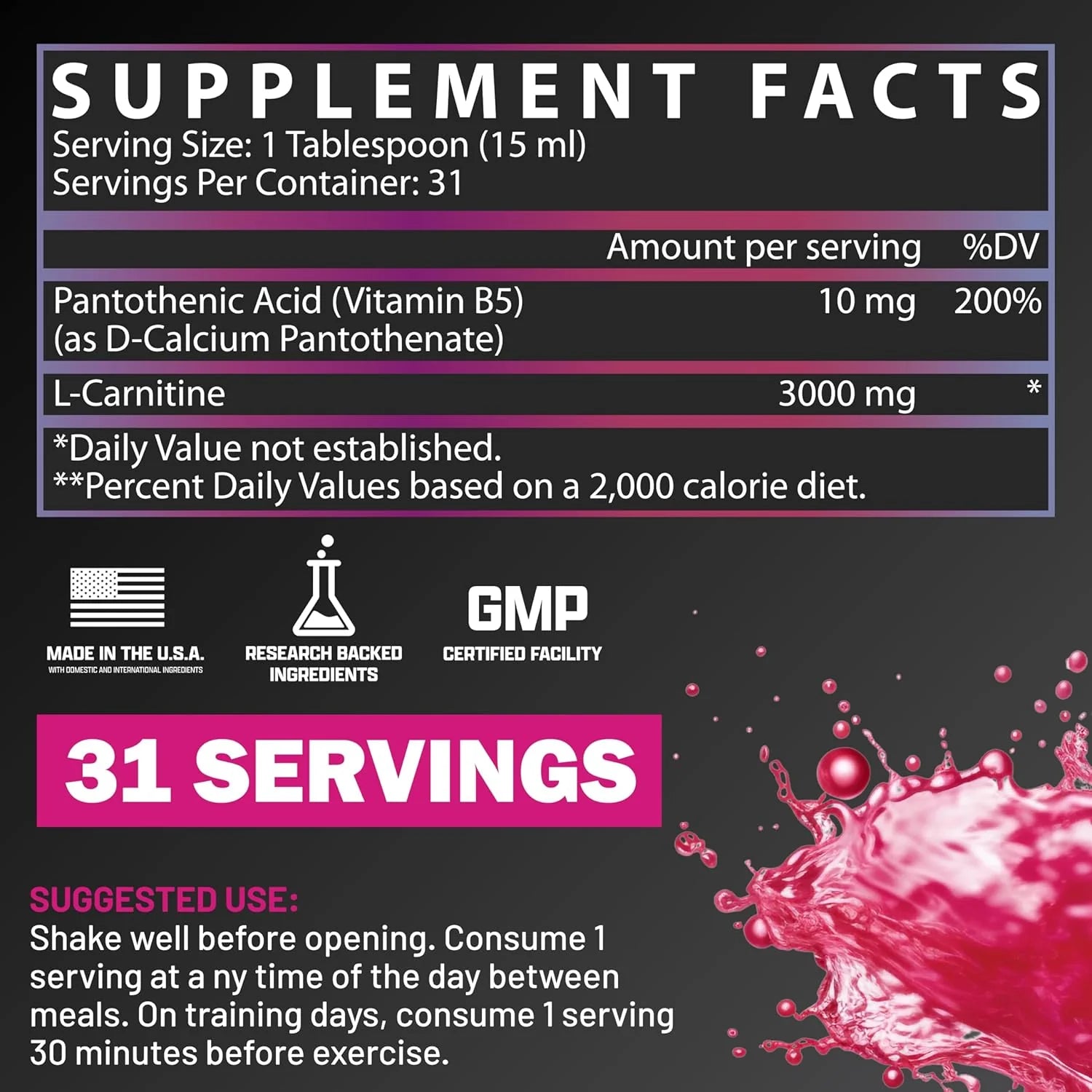 Nutrex Research L-Carnitine 3000 (31 Servings, Berry Blast) | Liquid Shots, Stimulant Free | Supports Muscle Recovery for Men and Women