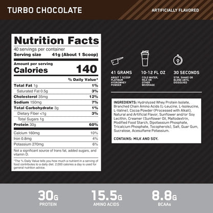 Optimum Nutrition Platinum Hydrowhey Protein Powder, 100% Hydrolyzed Whey Protein Isolate Powder, Flavor: Turbo Chocolate, 40 Servings, 3.61 Pounds (Packaging May Vary)