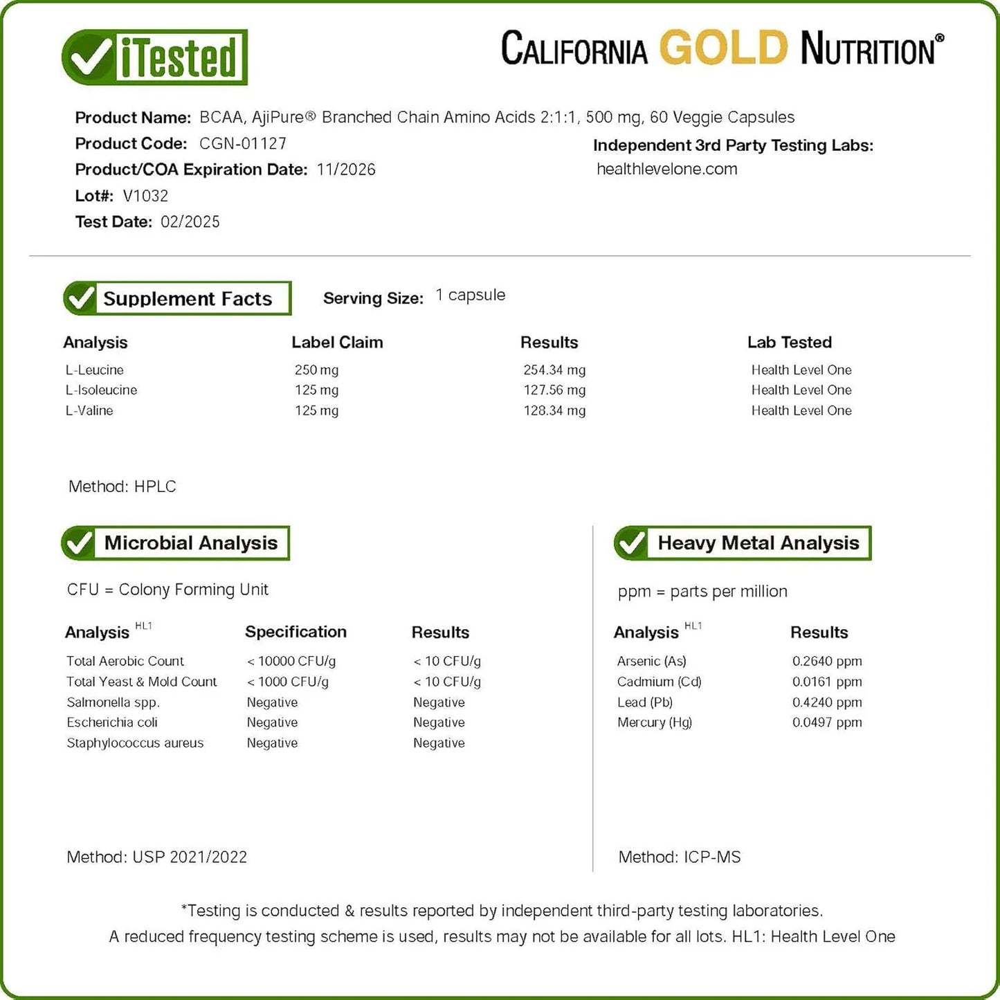 California Gold Nutrition BCAA, Ajipure® Branched Chain Amino Acids 2:1:1 with L-Leucine, L-Isoleucine, and L-Valine, 500 Mg, 60 Veggie Capsules